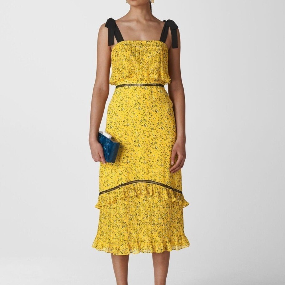 Whistles Ditsy Blossom Pleated Midi Dress Size 8 Yellow Floral Cottagecore Boho